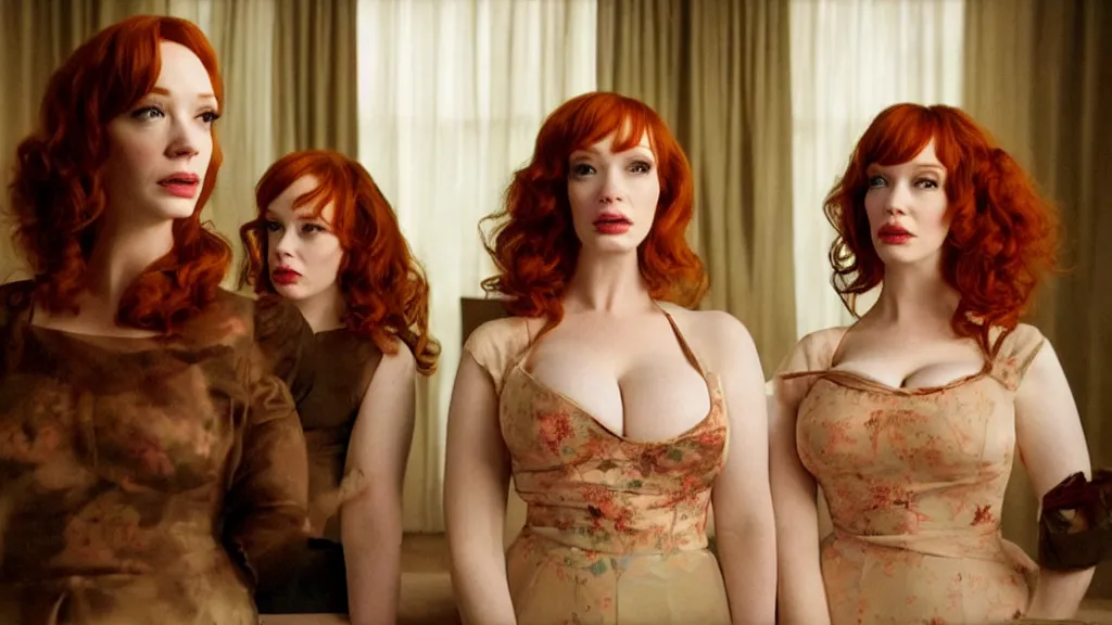 Prompt: a very surprised beautiful Christina Hendricks and her twin sister in the living room, film still from the movie directed by Denis Villeneuve with art direction by Salvador Dalí, wide lens