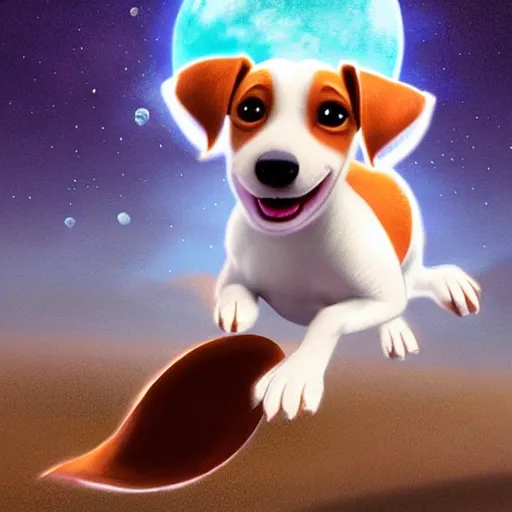 Image similar to cute pixar jack russel terrier, jumping over the smiling moon, concept art, pixar, disney studios, dreamworks animatio, fantasy illustration, artgerm, childrens story book, n