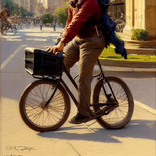 Image similar to uber eats delivery driver on a bicycle, very defined and highly detailed painting by gaston bussiere, j. c. leyendecker, craig mullins 8 k