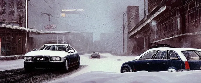 Image similar to Audi A4 B6 Avant (2002), a gritty neo-noir, dramatic lighting, cinematic, eerie person, death, homicide, homicide in the snow, gunshots, establishing shot, extremely high detail, photorealistic, cinematic lighting, artstation, by simon stalenhag, Max Payne (PC) (2001) winter New York at night, In the style of Max Payne 2 graphic novel, flashing lights, Poets of the Fall - Late Goodbye