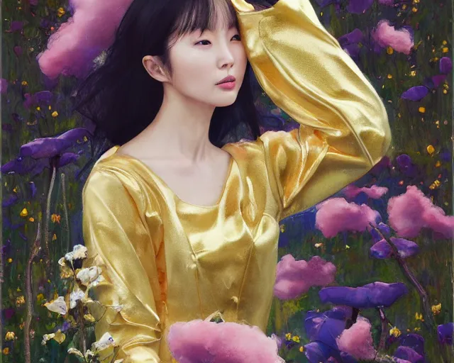 Image similar to lee jin - eun in elegant chic interstellar lush dress emerging from gold gold by martine johanna, michael garmash and katsuhiro otomo, rule of thirds, seductive look, beautiful, cotton candy clouds, puyallup berteronian, himalayan poppy flowers, gorgeous, face anatomy, masterpiece, refined beautiful