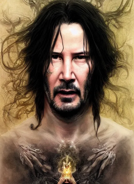 Prompt: keanu reeves as sandman elemental, with fingers and hair turning into smoke, fantasy, intricate, elegant, highly detailed, digital painting, artstation, concept art, wallpaper, smooth, sharp focus, illustration, art by artgerm and greg rutkowski and alphonse mucha