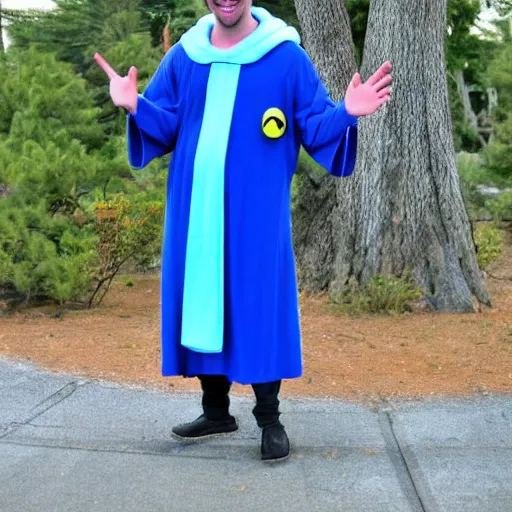 Image similar to handsome minion wearing a blue wizard robe and hat