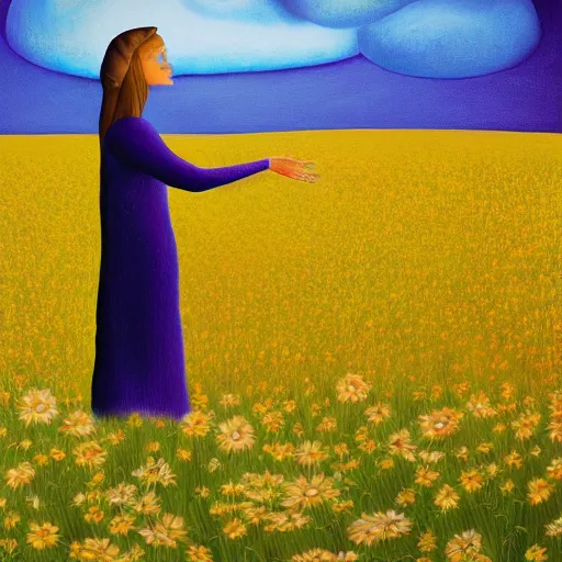 Prompt: huge flower as head, woman walking in a field, surreal, flat light, painting, digital painting, artstation, georgia o'keeffe