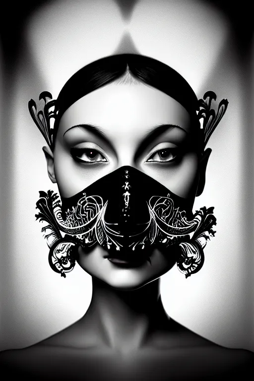 Prompt: portrait of a young beautiful woman with a mask. speed painting, fractal, mandelbulb. black and white, black on black. intricate, elegant, super highly detailed, professional digital painting, smooth, extreme illustration, Unreal Engine 5, Photorealism, HD quality, 8k resolution, 3D, beautiful, cinematic, art. art deco, art nouveau.