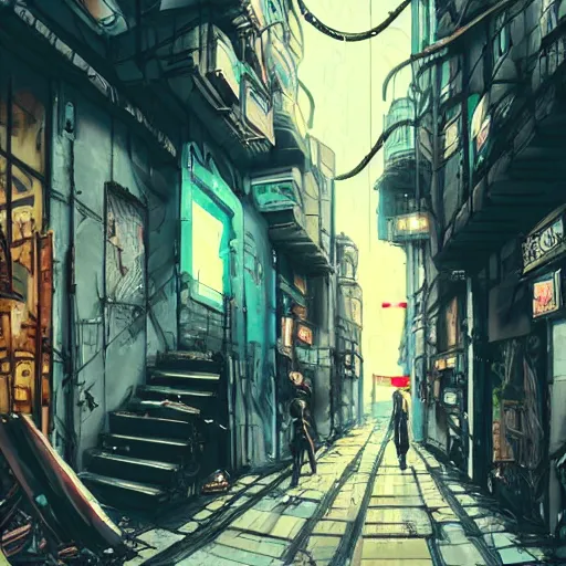 Prompt: a grimy cyberpunk alleyway where someone is being stabbed by a scary figure