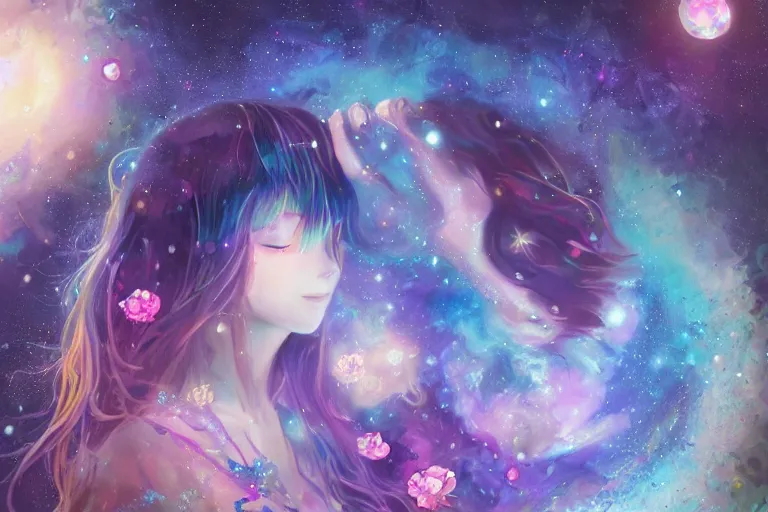 Prompt: yoni, yoni art, psychedelic, whimsical, anime, 4k, beautiful, a crystal and flower, reflective pool, surrounded by gems, underneath the stars, rainbow fireflies, trending on patreon, deviantart, twitter, artstation, volumetric lighting, heavy contrast, art style of Greg Rutkowski and Miho Hirano and Ross Tran