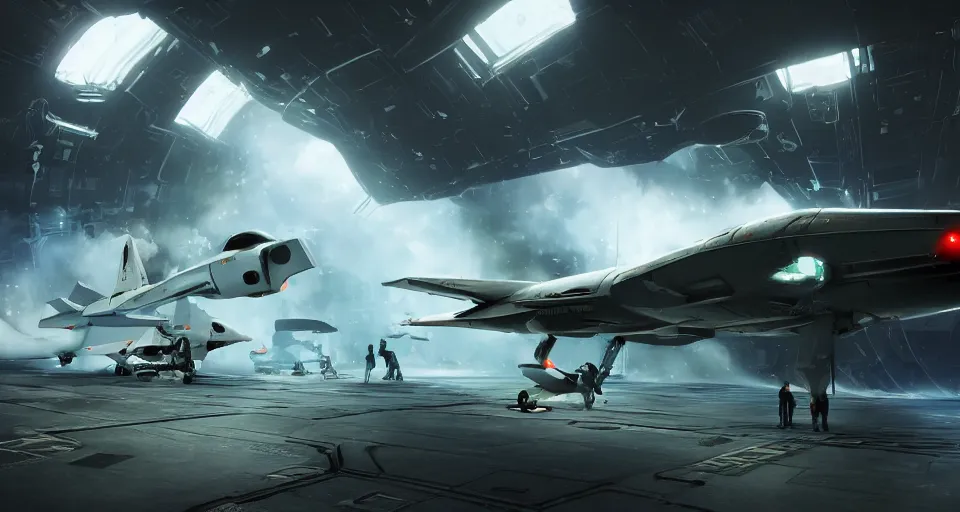 Prompt: photo 5 0 s, inside the hangar of a starship, pilots run towards a fighter craft, in the style of coriolis rpg, realistic, dark sci - fi, by rutkowski, 8 k, artstation