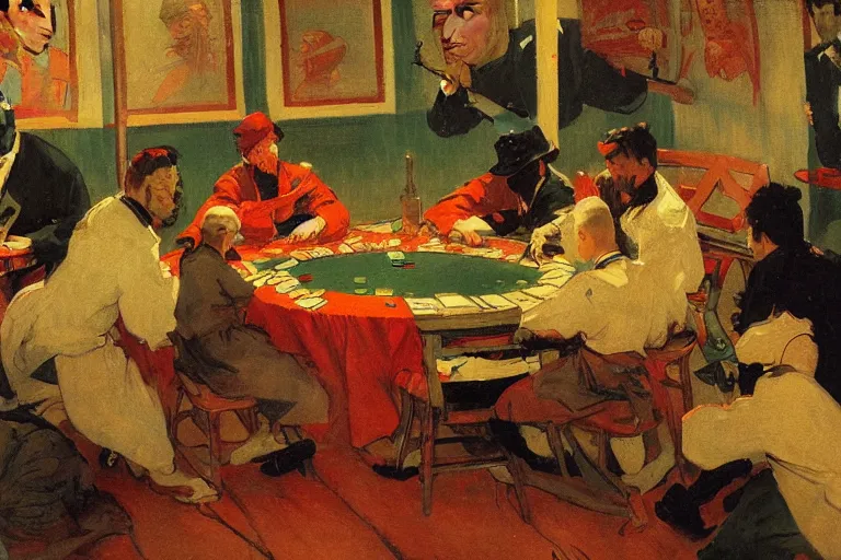 Image similar to ninjas playing poker, inside a tiny green room with red lights by joaquin sorolla, greg rutkowski, hokusai