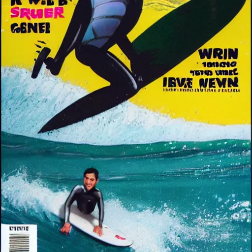 Image similar to mr bean catching a wave, cover of surfer magazine, july 2 0 1 1