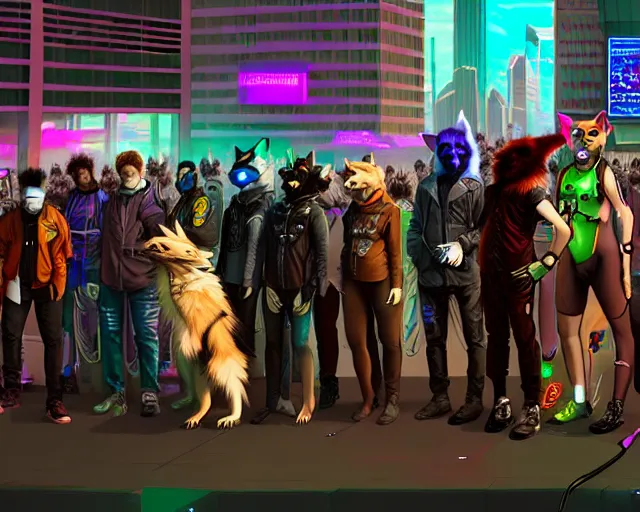 Image similar to high - resolution photograph from a cyberpunk era furry fandom convention ( midwest furfest 2 0 4 7 ), taking place after the genetic revolution and singularity. photorealistic.