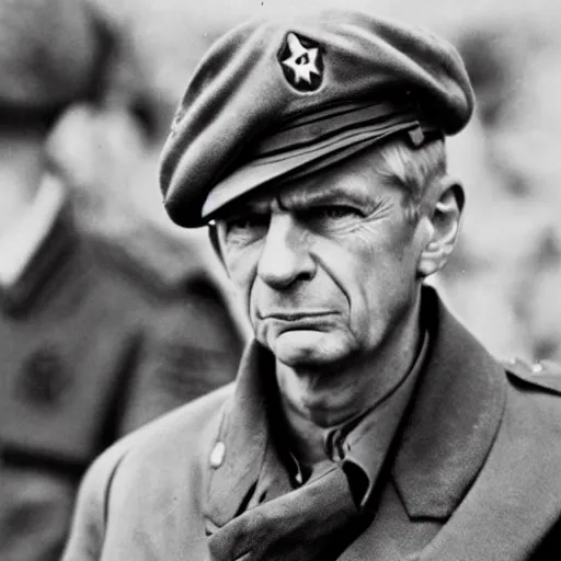 Prompt: Arsene Wenger as an American soldier on D Day, epic, WWII, 1940s photo, cinematic, highly detailed, gritty, combat, sharp focus, closeup, intense