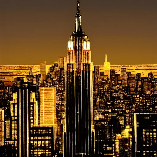 Image similar to photo of the empire state building made out of cheese at night, bright city lights