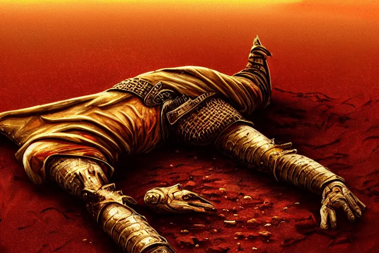 Image similar to the king in the desert dead on the ground, killed, red blood on gold sand, dark tragic scene, detailed scene, killed in war, fallen Crown, highly detailed, blood and dust, cinematic lighting, dramatic lighting, trending on artstation, elegant, intricate, tragedy, fantasy, D&D, highly detailed, digital painting, concept art