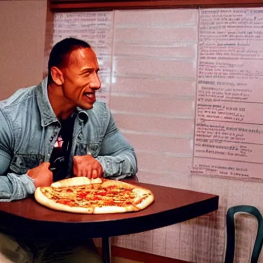 Image similar to dwayne johnson eating at a pizza hut in the 1 9 9 0 s. he is holding up a book - it paper.