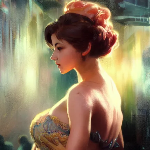 Image similar to princess peach, hyperrealistic full figure, bladerunner street alley, art of elysium by frank frazetta and by jeremy mann and by alphonse mucha, fantasy art, photo realistic, dynamic lighting, artstation, full figure poster, volumetric lighting, very detailed face, 4 k, award winning