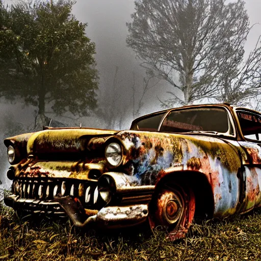 Image similar to apocalyptic, ruined town, abandoned streets, littered, mutated wildlife, decrepit homes and sheds on the side of the road, slowly being reclaimed by nature. rusted vintage cars. fog, dew, rain, volumetric lighting, beautiful, summer morning dew, sharp focus, ultra detailed, kodachrome, cgsociety - w 1 0 2 4 - n 8 - i