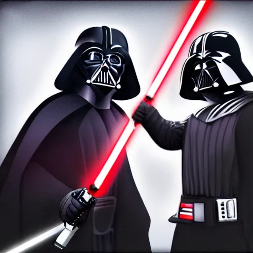 Prompt: putin vs darth vader lightsaber battle digital art