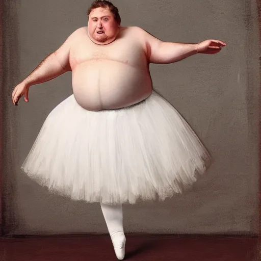 Image similar to portrait of a morbidly obese man in a ballerina tutu dancing in a ballet