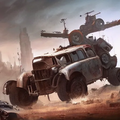 Image similar to crossout car destroyed, hyper realistic, very detailed, realistic lighting, fantasy, 4 k, in the style of greg rutkowski,