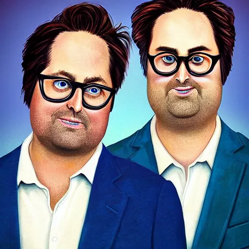 Prompt: realistic beautiful portrait of tim heidecker and Eric Wareheim (Tim and Eric), synthwave funny style