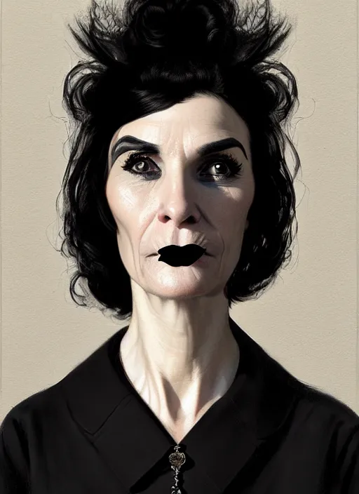 Image similar to portrait of a middle - aged woman with a crooked nose and a confident expression, 1 9 6 0 s, black clothes, goth, punk, funk, intricate, elegant, highly detailed, digital painting, artstation, concept art, smooth, sharp focus, illustration, art by wlop, mars ravelo and greg rutkowski