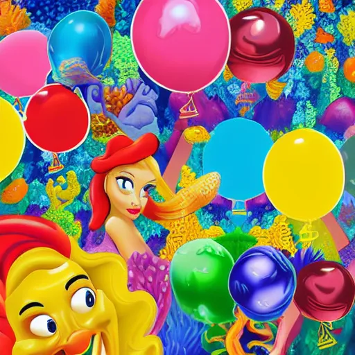 Prompt: balloon animals pop art but placed under the sea in the little mermaid magical kingdom. digital art