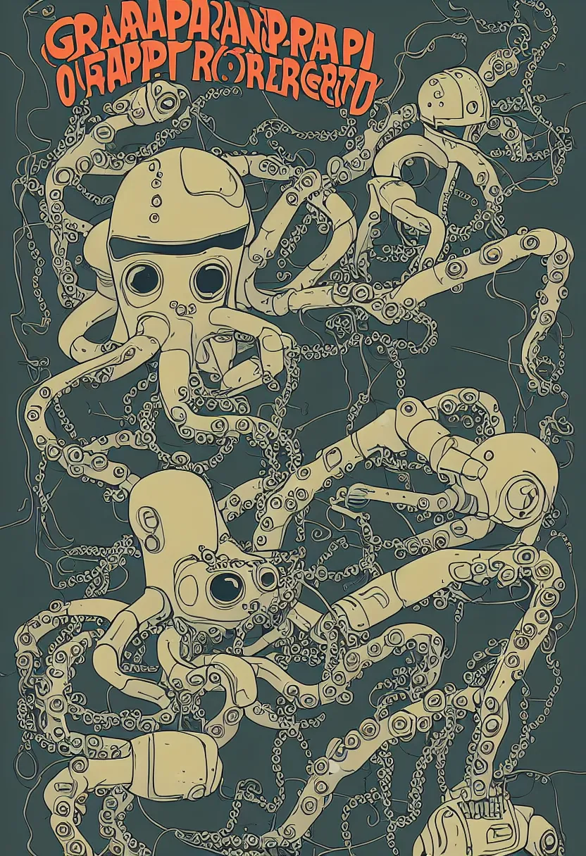 Image similar to concert poster for 'Grandpa Finger', dying robot octopus, vector art, 8k, highly detailed illustration