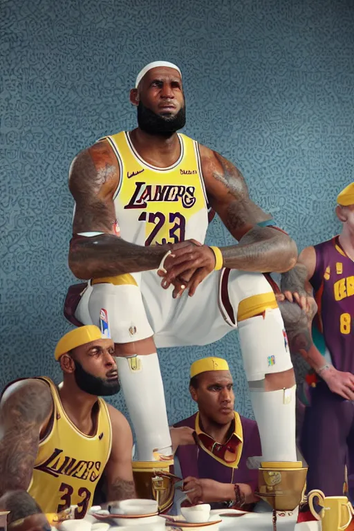 Prompt: lebron james solemn at tea party, melancholy, cybertronian, long shot, cinematography by wes anderson, 4 k octane render, intricate detail, photorealistic, cinematic lighting, artstation