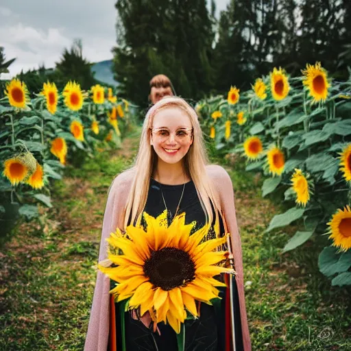 Image similar to photograph of a person in a rainbow cape holding a bouquet of sunflowers