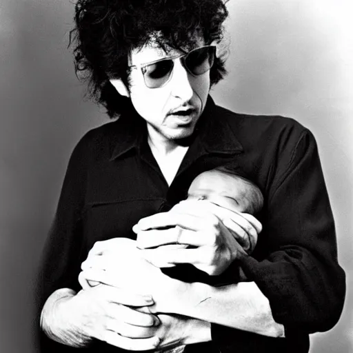 Image similar to bob dylan cradling the eraserhead baby like a baby, photograph, 1 9 6 5