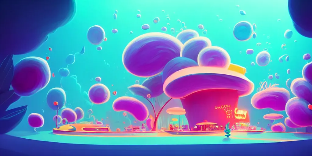 Prompt: minimalistic extreme wide angle curved perspective digital art of sss chubby cotton candy indoor casino with curly plants by anton fadeev, lorax movie, underwater smoke