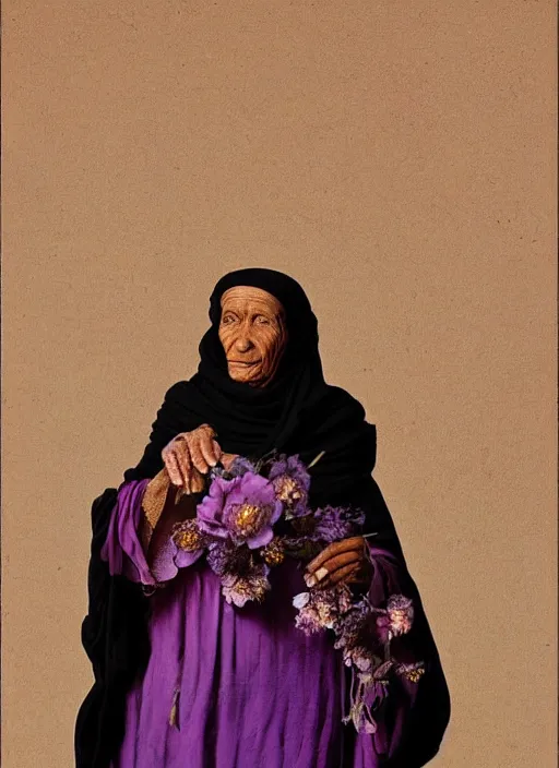 Prompt: portrait of a old woman, tuareg, nomads, many peonies, vultures, dark background, purple colour scheme, full length, masterpiece, dark background, art by caravaggio