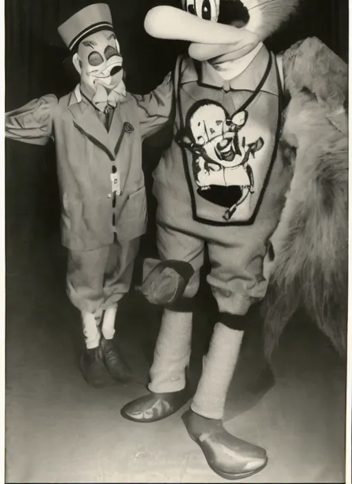 Image similar to Chuck E. Cheese mascot grainy 1940’s circus portrait of an anthropomorphic rat animatronic dressed like a clown, professional portrait HD, mouse, Chuck E. Cheese head, authentic, mouse, costume weird