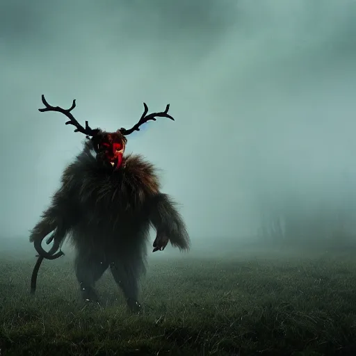 Prompt: krampus in the stranger things upside down world, realistic, photography, award winning, 8 k, wide shot, still frame from the princess mononoke film, overgrown grass, dramatic, animals, gloomy, volumetric light, ground mist, cinematic, filmic,