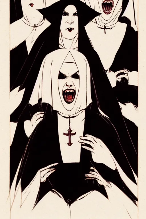 Prompt: single scary female vampire nun, evil grin, nun outfit, closeup, cinematic, dramatic, super detailed and intricate, by koson ohara, by darwyn cooke, by greg rutkowski, by satoshi kon