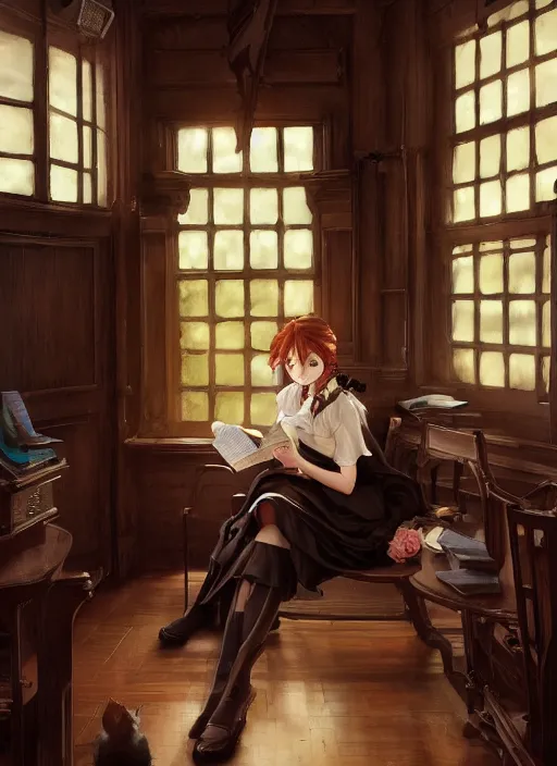 Image similar to a victorian maid with long flowing auburn hair in a reading room. By Makoto Shinkai, Stanley Artgerm Lau, WLOP, Rossdraws, James Jean, Andrei Riabovitchev, Marc Simonetti, krenz cushart, Sakimichan, trending on ArtStation, digital art.