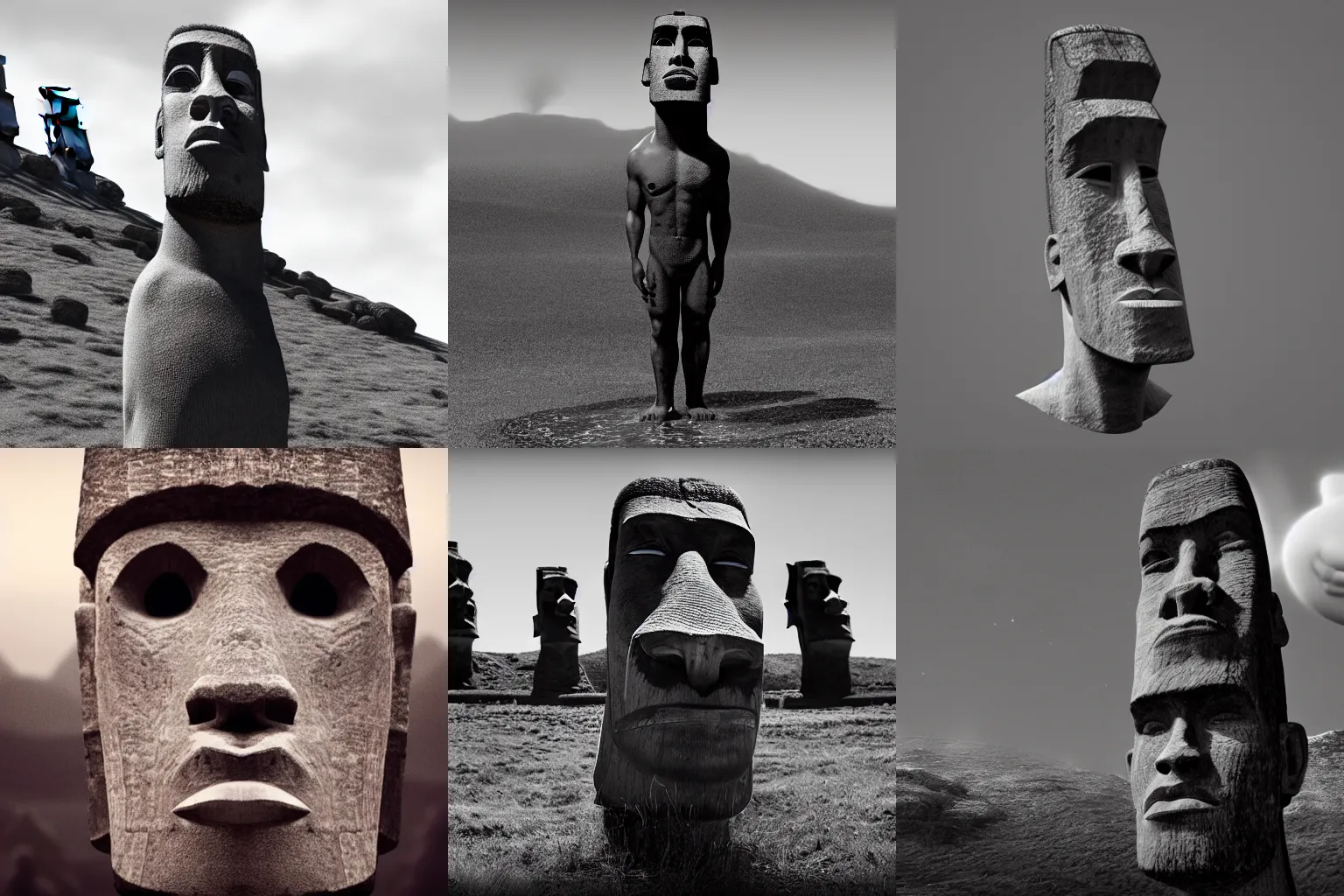 Prompt: Gigachad as an Easter Island head, trending on artstation, unreal engine, artstationHQ, black and white, 4k, 8k, UHD