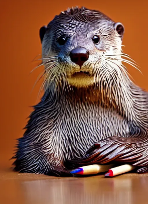 Prompt: cute otter holding a pencil at a desk