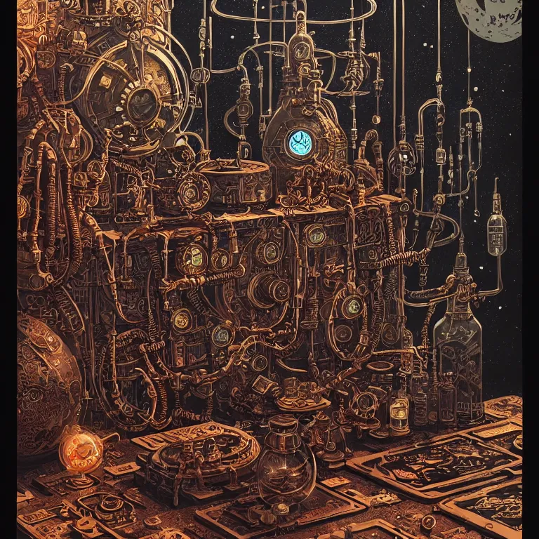 Image similar to ancient alchemist steampunk wizards laboratory, high details, intricately detailed, by vincent di fate, inking, 3 color screen print, masterpiece, trending on artstation,, sharp, details, hyper - detailed, hd, 4 k, 8 k