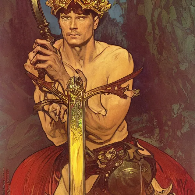 Prompt: an aesthetic! a detailed portrait of a man with a crown, holding a scepter by frank frazetta and alphonse mucha, oil on canvas, art nouveau dungeons and dragons fantasy art, hd, god - rays, ray - tracing, crisp contour - lines, huhd