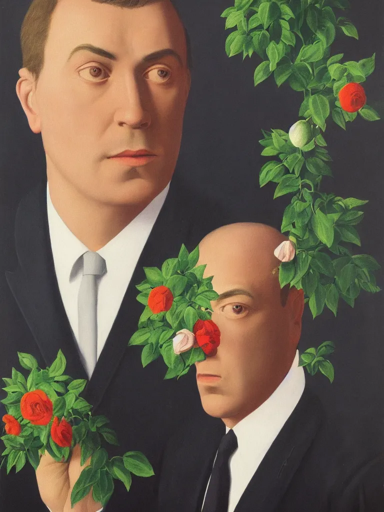 Image similar to portrait of man in a suit that has flowers instead of head by rene magritte, detailed painting, hd, hq, high resolution, high detail, 4 k, 8 k