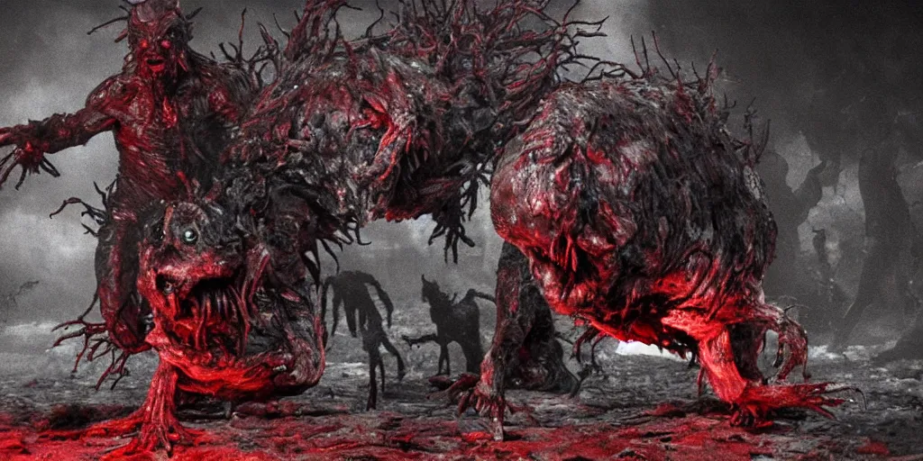 Prompt: four legged muscular creature emerges from pile of fleshy zombies, creature has red glowing eyes, photorealistic, by john carpenter, the thing, bloody, vile