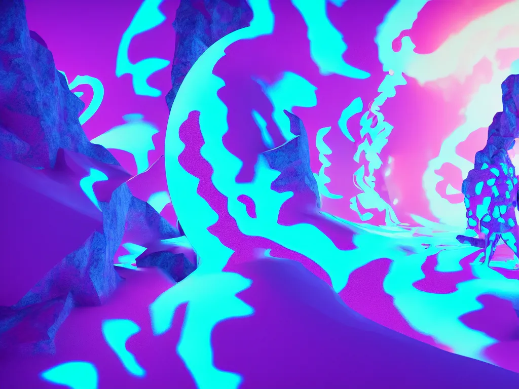 Prompt: manikin made of marble, fractal neon explosion revealing a portal to a vaporwave paracosm, mountains in background, introspective, cinematic, rule of thirds, clean linework, dramatic, award winning, 4 k, trending on artstation, photorealistic, volumetric lighting, octane render