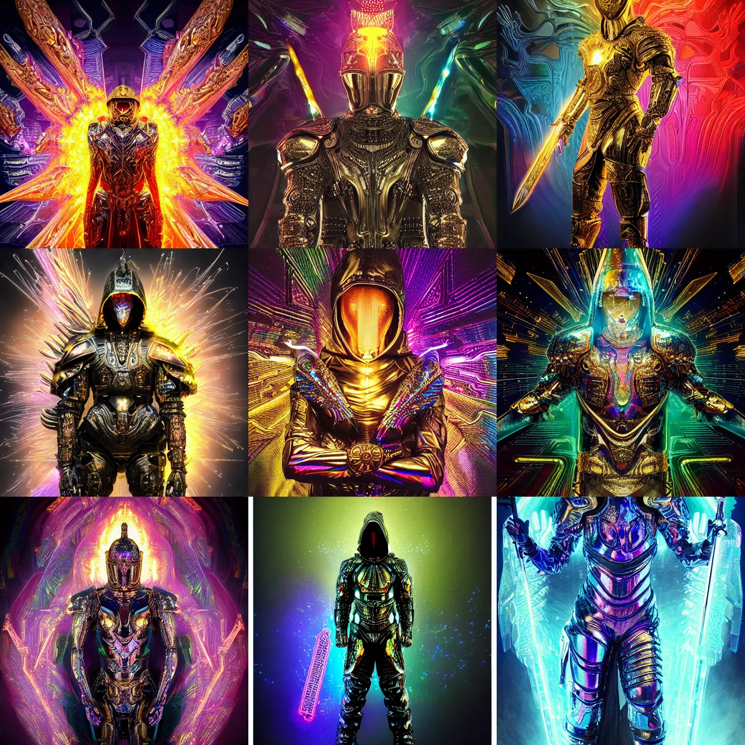 Prompt: Ultra realist intricate dark iridescent detailed painting of a powerful hooded divine royal omnipotent being wearing body armor and armed with a futuristic golden sword of iridescent flames, human face, biomechanical complex torso covered in iridescent 3D processor microchips, 3D render, 4K, symmetry, rich style, glowing iridescent sparks and smoke behind, crystallic cyberpunk megastructure background, artstation, colorful, badass, galactic deity, dark ominous stealth, colorful lens flares, unreal render, depth of field