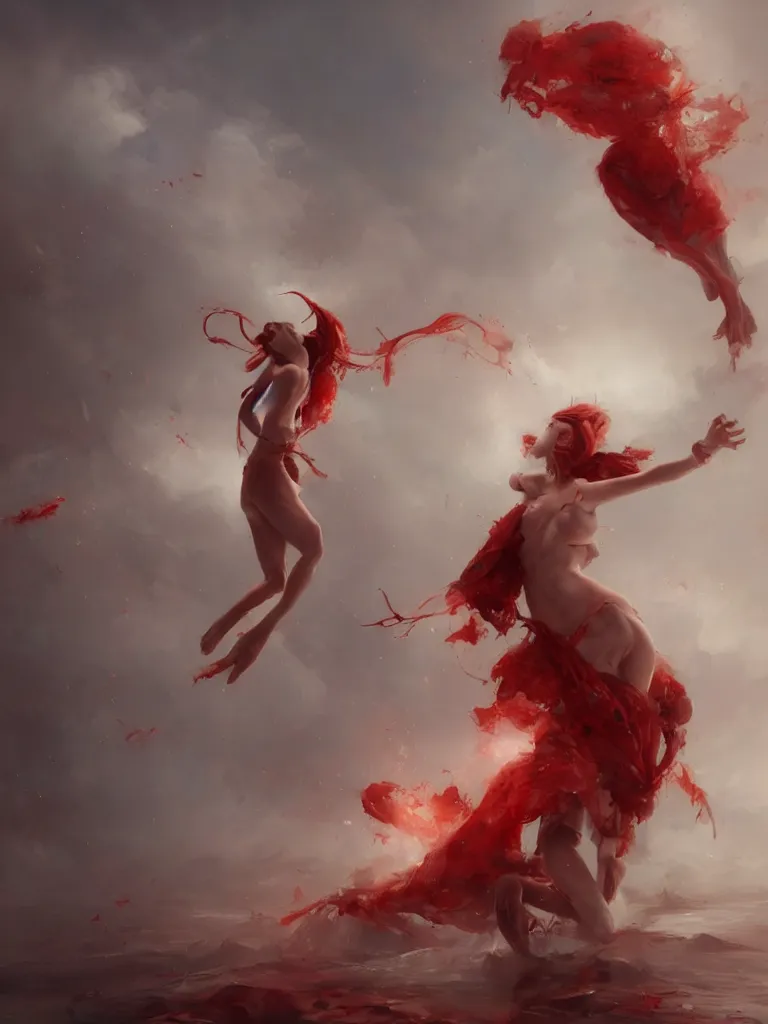 Prompt: expressive full body photo beautiful nymph floating above the permafrost in a cloud of red ether, 3 d render, hyper realistic detailed portrait, ruan jia, wlop. scifi, fantasy, hyper detailed, decolletage, confident pose, octane render, concept art, peter mohrbacher