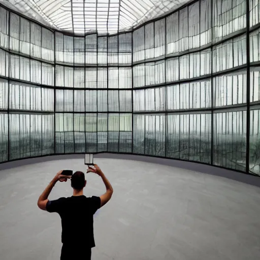 Prompt: a man taking a selfie in front of a large room with mirrors on two walls and concrete on the other two walls, a pond in the center of the room surrounded by upholstered sofas, a tilt shift photo by leandro erlich, featured on cg society, kitsch movement, hall of mirrors, high dynamic range, studio portrait