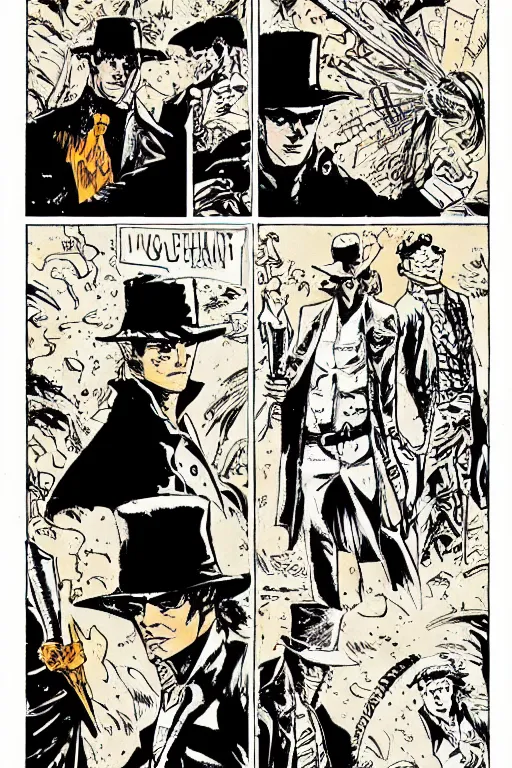 Image similar to sandman vs corto maltese, comic book page, art by hugo pratt