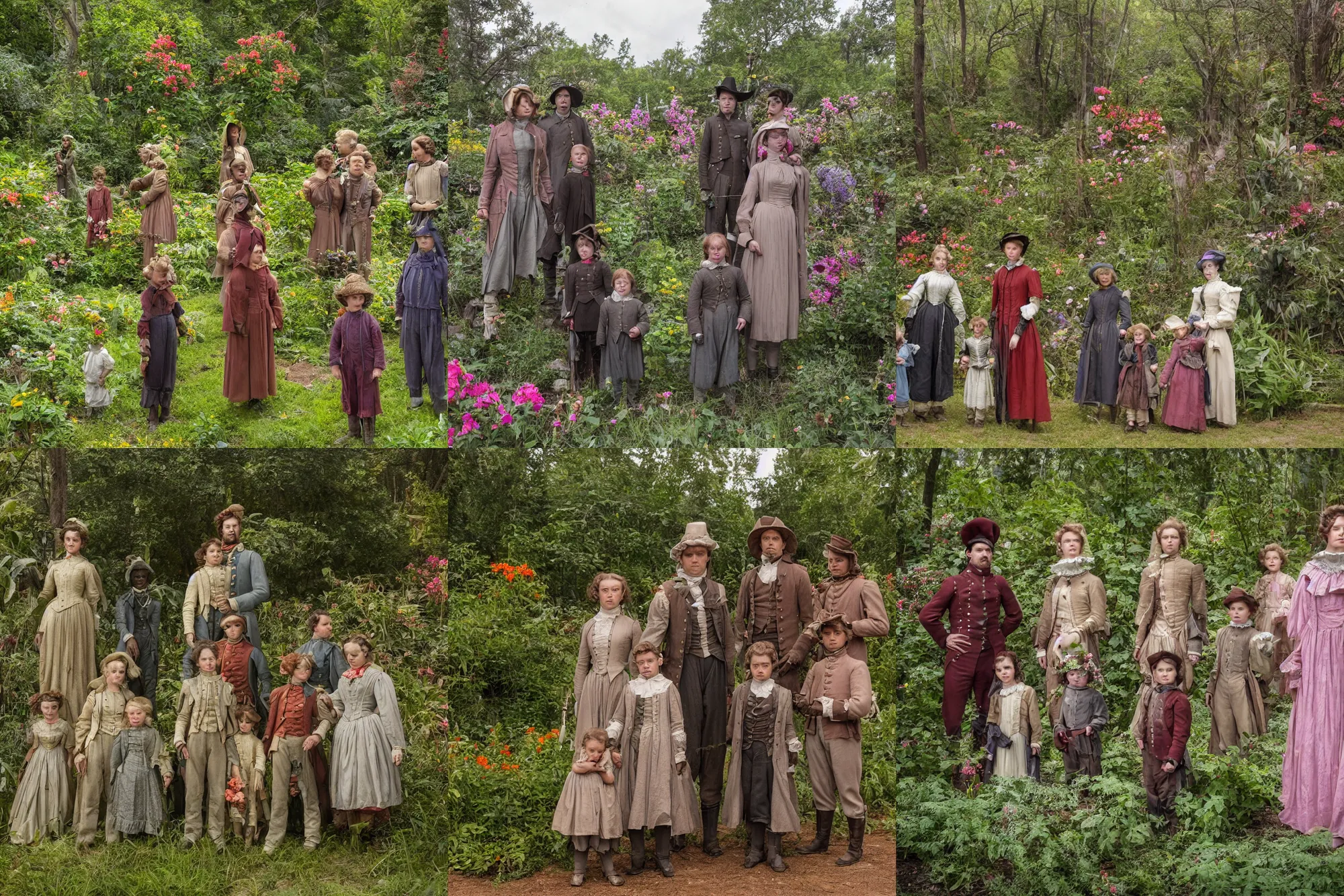 Prompt: sharp, highly detailed, 5120k film, 17500mm film still from a sci fi blockbuster color movie made in 2019, set in 1860, of a family standing in a park, next to some strange alien plants and flowers, on an alien planet, the family are all wearing 1860s era clothes, good lighting, enhanced faces, 350mm f/1.4L lens