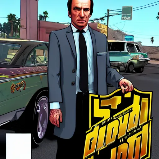 Image similar to Saul Goodman in GTA V, cover art by Stephen Bliss,